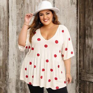BloomChic Flannel Polka Dot Peplum Tunic Top V-Neck Short Sleeve Blouse Plus Sz